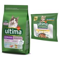 1,5kg Ultima Sterilized Sensible pisztráng száraz macskatáp+4x70g Ultima Cat Expert Nutrition Difficult Appetite tonhal & csirke nedvestáp ingyen