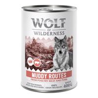 10 + 2 ingyen!  12 x 400 g Wolf of Wilderness - Muddy Routes - Szárnyas sertéssel