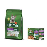 10kg Ultima Cat Sterilized csirke & árpa száraz macskatáp+8x85g Ultima Cat Sterilized nedves macskatápmix (csirke, marha, tonhal, tengeri hal) ingyen