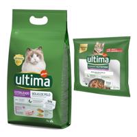 3kg Ultima Sterilized Hairball száraz macskatáp+4x70g Ultima Cat Expert Nutrition Hairball marha & lazac nedvestáp ingyen