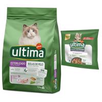 7,5kg Ultima Sterilized Hairball száraz macskatáp+4x70g Ultima Cat Expert Nutrition Hairball marha & lazac nedvestáp ingyen