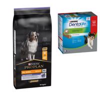 Nagy tasakos PURINA PRO PLAN + PURINA Dentalife snack ingyen! - All Size Adult Performance (14 kg) + snack közepes testű kutyáknak (24 db)